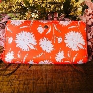 Kate Spade Floral Zip-Around Wallet Orange White Spade Logo 12 Card Slots NWT